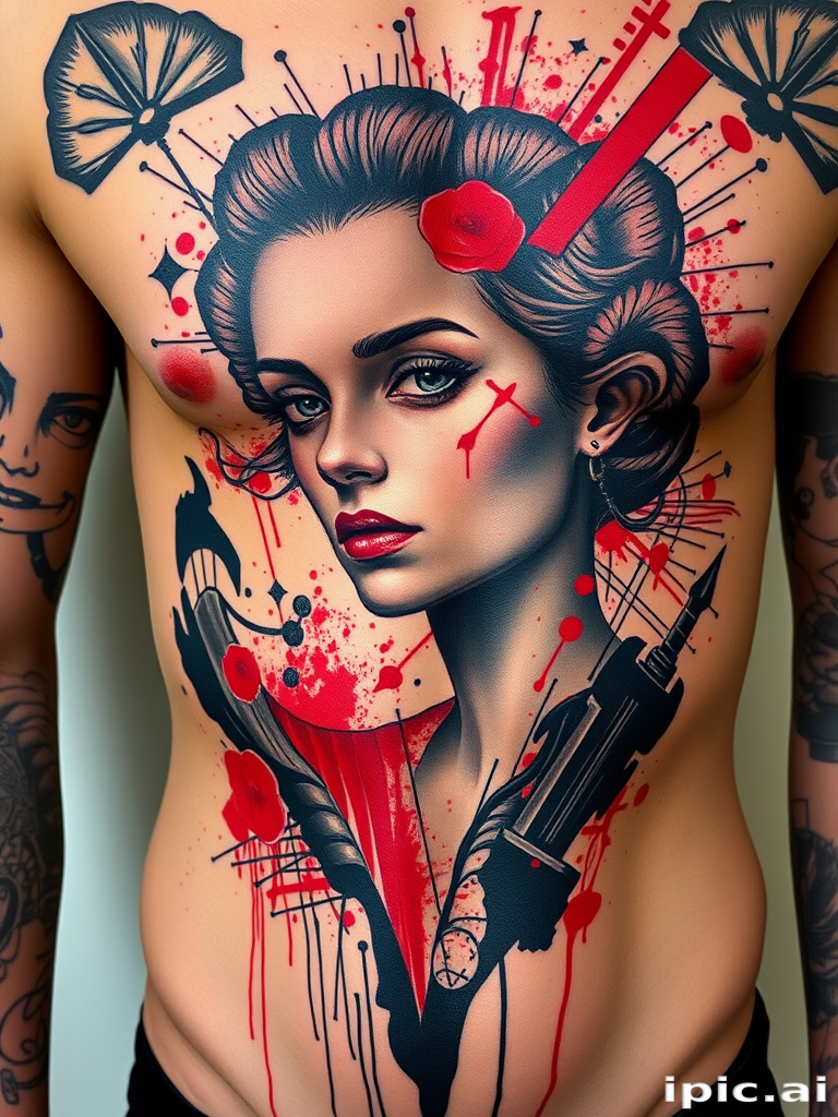 Trash polka style tattoo combining realistic portrait with abstract red and black elements, chaotic yet balanced composition on ribcage