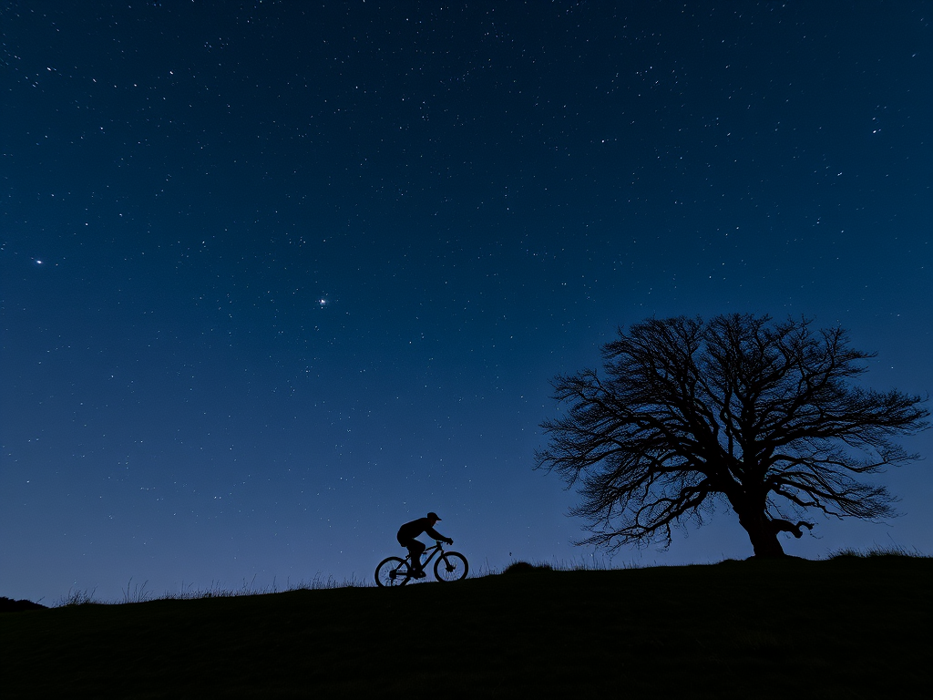 A silhouette of two cyclists riding on a hill against a starry night sky with a large barren tree on one side, captured with a Canon EOS R5, ISO 3200, f/2.8, shutter speed 15 seconds, wide-angle lens, low light photography style.
