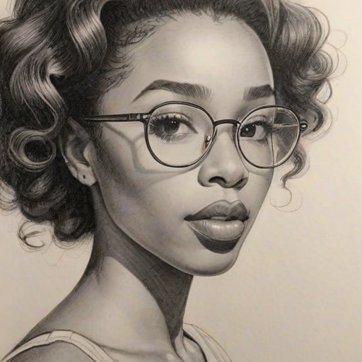 Lovely SZA, pencil sketch, portrait of Ravishing woman 1945s in glasses, hair style beatnik, outline, clear lines, fine lines, 8k
