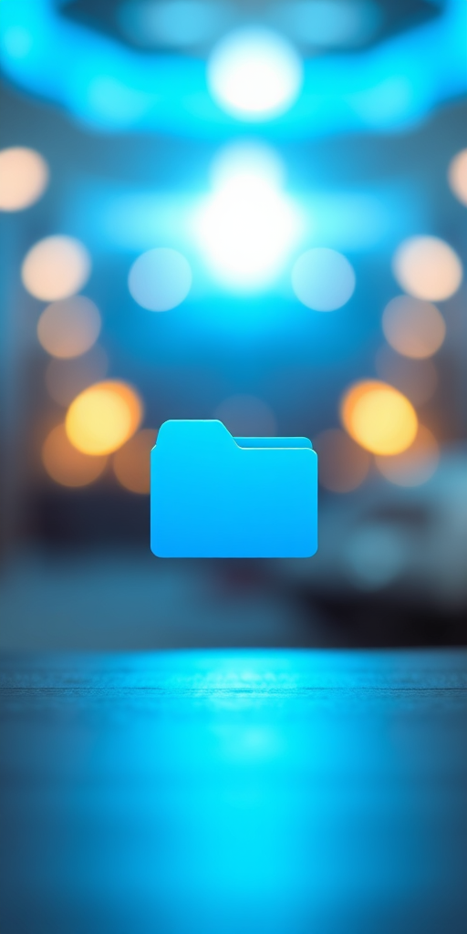 Create a digital illustration of a blue folder symbol with a shining bright light in the background, captured with a DSLR camera, aperture set to f/4, shutter speed at 1/125s, ISO 100, focus on foreground, with a soft bokeh effect in the background.