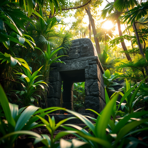 Ancient stone artifact in a lush jungle environment, soft golden light filtering through dense foliage, vibrant green plants surrounding, 35mm lens, f/2.8 aperture, ISO 100, shot from a low angle to emphasize the artifact, DSLR camera, vibrant colors and high detail.