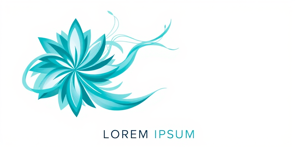 Create an abstract design featuring swirling star-like shapes in shades of turquoise on a clean white background with a modern typographic "LOREM IPSUM" underneath, captured with a DSLR camera at f/8 aperture, 1/60 shutter speed, ISO 100, 50mm lens, in a top-down view with soft diffused lighting to enhance image quality.