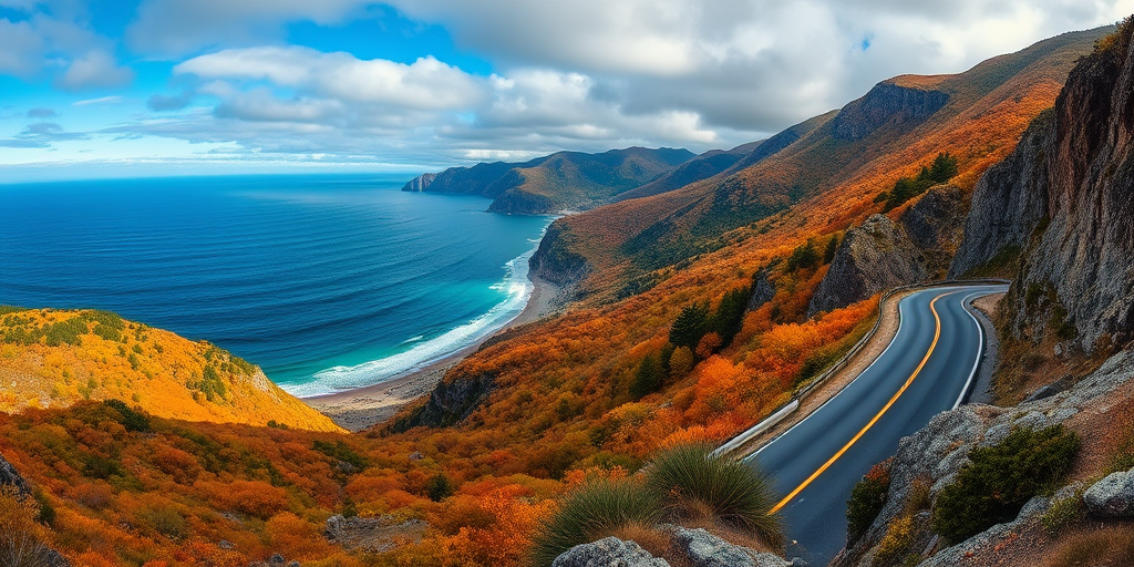 Capture a panoramic view of a winding mountain road overlooking a coastal landscape with lush autumn foliage, utilizing a DSLR camera with a 24mm lens, aperture set to f/8, ISO 100, and a shutter speed of 1/125 second for optimal detail and clarity.