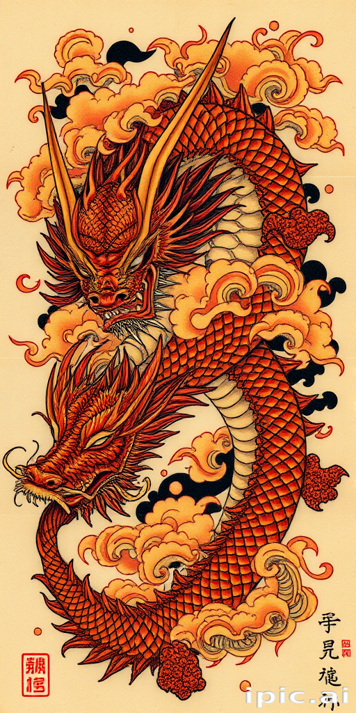 Japanese irezumi tattoo titled "Dragon's Breath" showcasing a fierce dragon with intricate scales and swirling clouds in rich shades of red gold and black covering a large area of skin