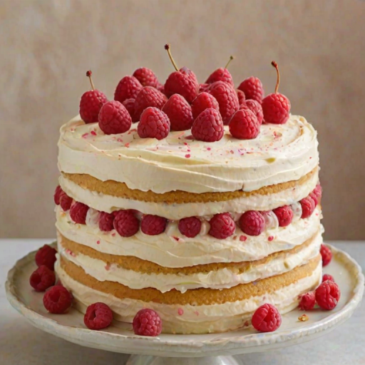 Create an image of a beautifully layered cake with a light yellow sponge. The cake should have visible layers filled with raspberry jam and a rich buttercream frosting. Top the cake with fresh raspberries and pastel-colored decorations, set against a neutral background. The cake should look inviting and delicious, showcasing its soft texture and vibrant filling.
