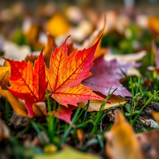 Create a macro shot of autumn leaves on the ground with vibrant colors, using a Canon EOS 90D, f/2.8 aperture, 1/250 sec shutter speed, ISO 100, natural lighting, and a shallow depth of field to enhance details and textures.