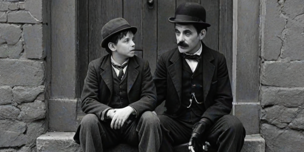 A black-and-white photograph of a man and a child sitting on steps in front of a doorway. The man is dressed as a tramp with a bowler hat, mustache, and ragged clothes, reminiscent of Charlie Chaplin's iconic look. He is sitting with his arms crossed and an expression of slight sadness or frustration. Next to him is a young boy, also in worn clothes and a cap, sitting with his hands clasped, looking thoughtful. The background is an old, textured wall and a partially open door, creating a vintage, early 20th-century atmosphere.
