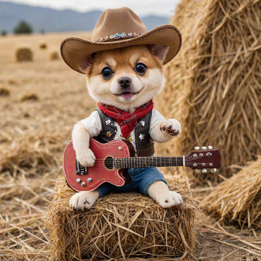 A chibi dog, dressed as a cowboy, playing guitar, sitting on a hay bale