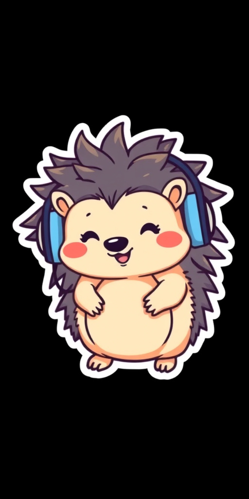 generate sticker, Happy Colorful Hedgehog wearing Headphones, kawaii, contour, vector, black background