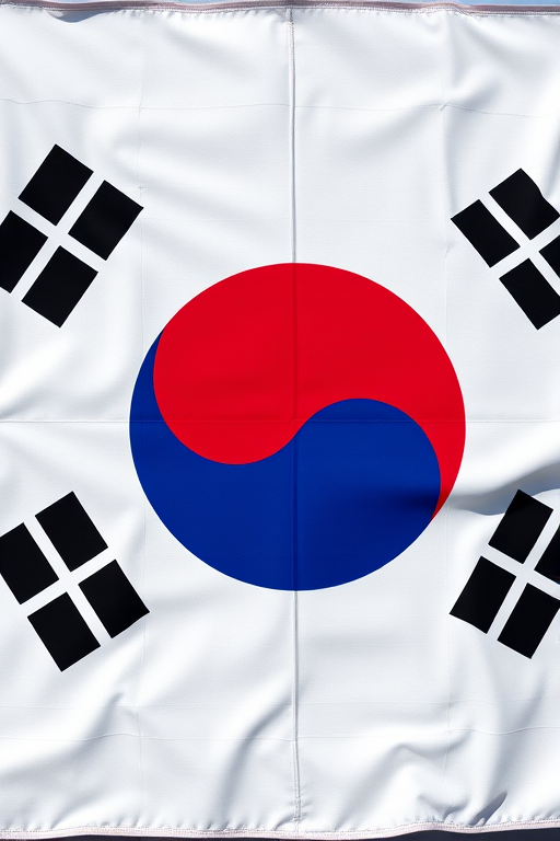 Generate a high-resolution image of the South Korean flag featuring the circle and four trigram symbols, shot with a DSLR camera at f/8 aperture, ISO 100, 50mm lens, natural lighting, top-down view.