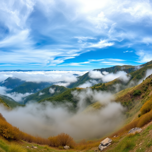Capture a panoramic view of a misty mountain landscape at dawn with vibrant blue skies, using a DSLR camera with a 24mm lens, aperture f/8, ISO 100, shutter speed 1/200s, and HDR style for enhanced detail and clarity.