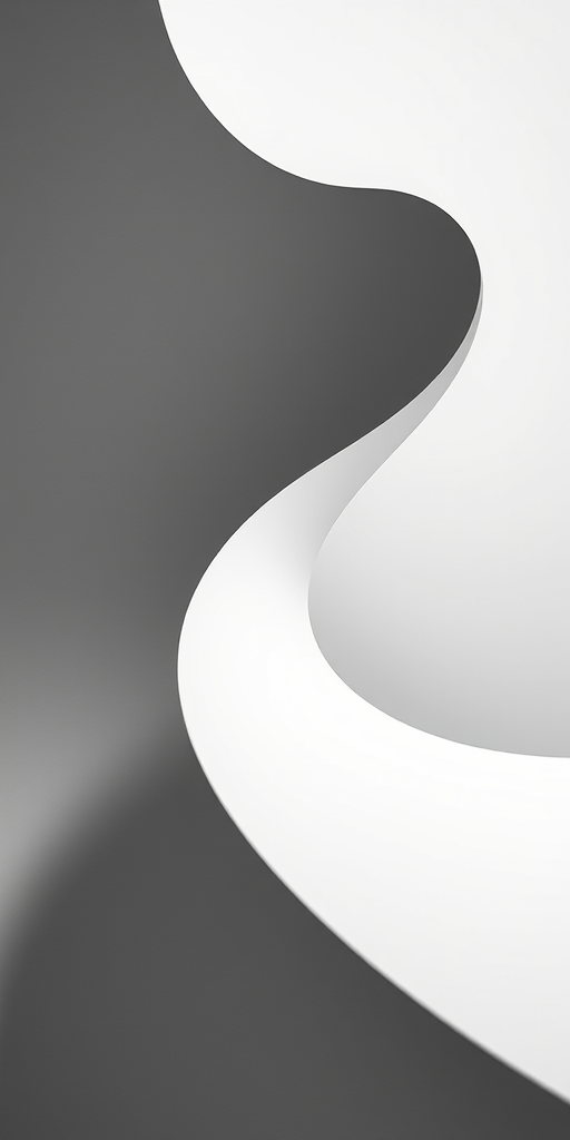 Create a high-contrast black and white image of a stylized abstract shape with smooth curves and sharp edges, captured using a Nikon D850 camera at f/8, ISO 100, and a 50mm lens in a minimalist photography style, taken from a low-angle perspective to emphasize depth.