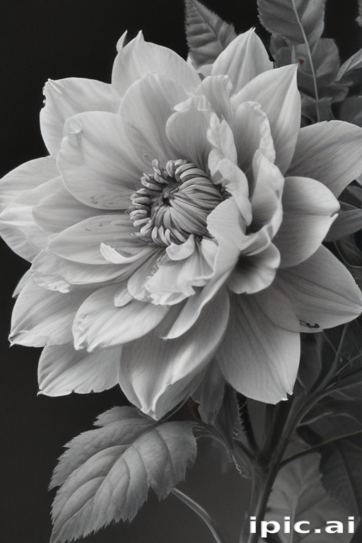 Elegant Black and White Flower Blooming with Intricate Petals and Leaves