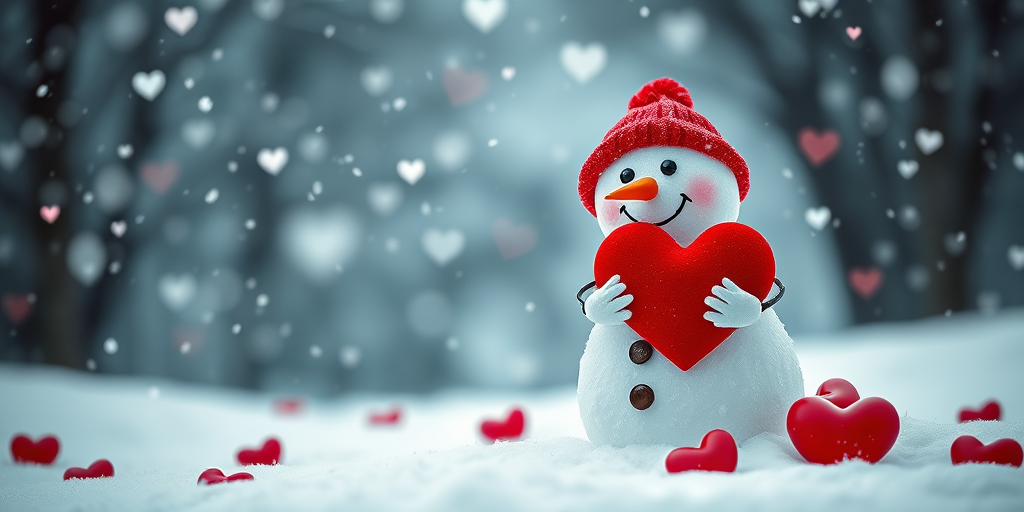Create a whimsical winter scene featuring a cheerful snowman with a red hat, holding a large red heart, surrounded by softly falling snow, hearts scattered in the snowy landscape, shot with a Canon EOS R5, 50mm lens, f/1.8 aperture, ISO 100, natural lighting, and a slight bokeh effect to enhance the image quality.