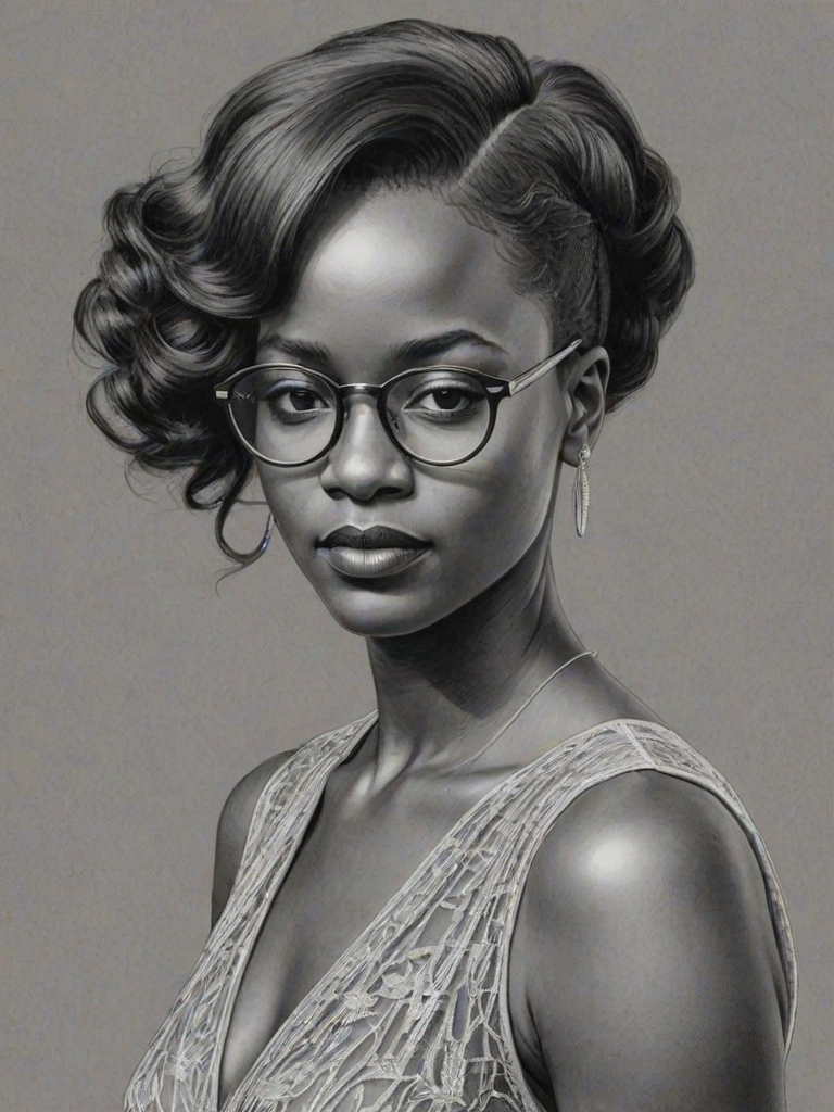 Sublime Lupita Nyong'o, pencil sketch, portrait of Comely woman 1920s in glasses, hair style beatnik, outline, clear lines, fine lines, 8k