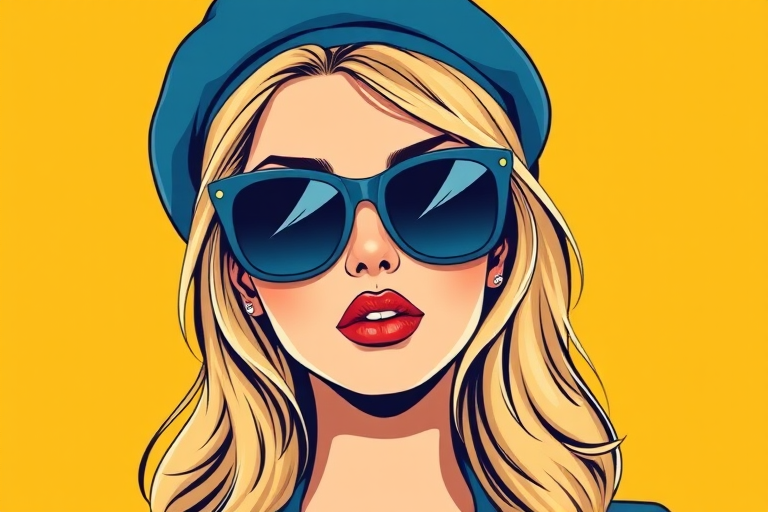 a retro-inspired illustration of a stylish woman with blonde hair wearing a blue beret and large sunglasses, vibrant yellow background, sharp focus, F/8 aperture, ISO 100, 50mm lens, studio lighting, high contrast