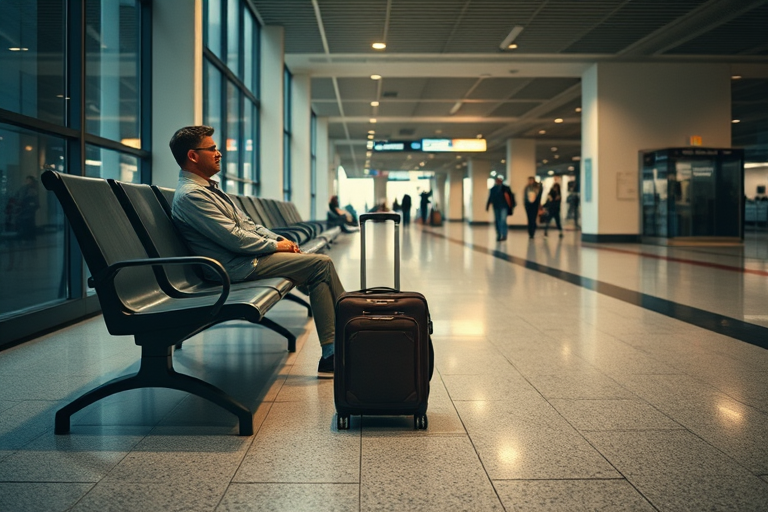 capture an indoor waiting area with a focus on a person sitting on a bench with a suitcase next to them, camera settings: f/4, ISO 200, 1/125s, camera view: wide angle, camera style: candid street photography, camera type: DSLR