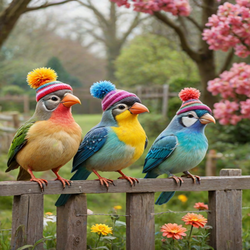 create a scene of 4 quirky  whimsical colourful comical birds each with a funny expression. they are sat on a wooden fence with colourful flowers. they are all different sizes. each one is a different colour  one is wearing a woolly hat. Each one has a different quirky google expression and there is a muted background of trees watercolour paintierly style high definition 8k resolution 3D paper mache