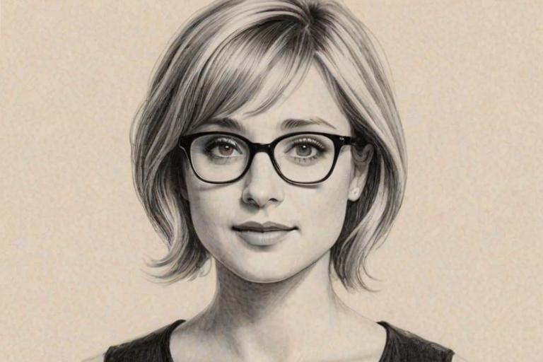 Captivating Allison Mack, pencil sketch, portrait of Attractive woman 1962s in glasses, hair style beatnik, outline, clear lines, fine lines, 8k