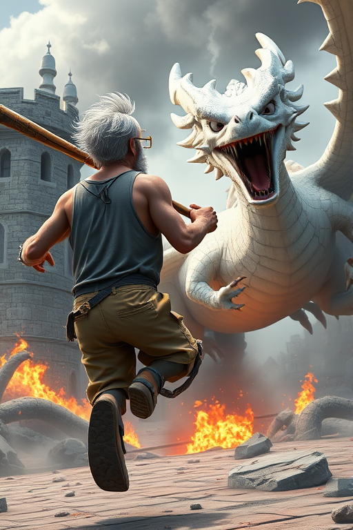 Cartoon 3D High-Resolution,dynamic battle scene using Unreal Engine 5 and Octane Render. The scene features back of an elderly, thai man with a beard,messy hair and round golden-rimmed glasses. He is wearing a tattered tank top with soot marks, shorts, and sandals. sweating. he wields a baseball bat. He jump to fight with a white fire-breathing Europe dragon amidst a partially destroyed stone castle. Include intense flames, smoke, and debris to enhance the dramatic effect.