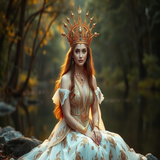 Create an ethereal portrait of a mythical goddess seated by a serene river in a lush forest, capturing intricate details of her ornate gown and majestic crown, golden hour lighting to enhance the magical atmosphere, focal length of 50mm, aperture set to f/1.8 for a soft background blur, and using a full-frame DSLR camera for high resolution and clarity.