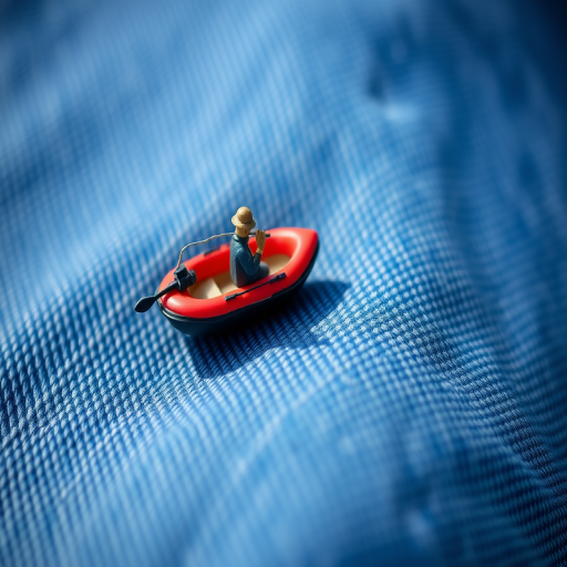 Create a highly detailed macro photograph of a miniature fisherman in a red inflatable boat on a textured denim surface, using a DSLR camera with a 50mm lens, aperture set to f/2.8 for shallow depth of field, ISO 100, and natural lighting to enhance color vibrancy and sharpness.