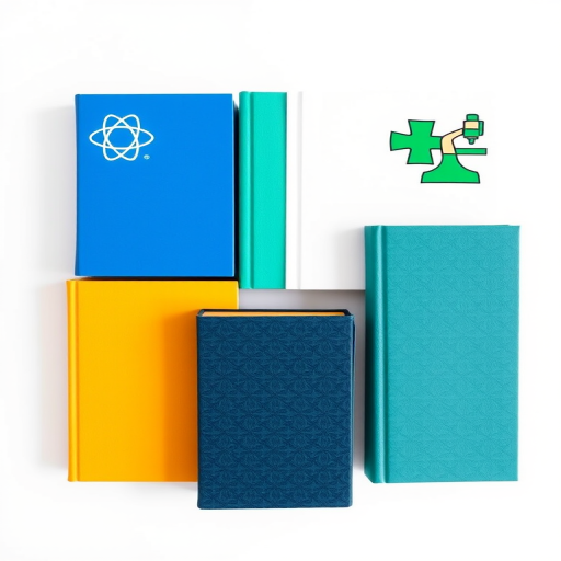 Create a high-resolution image of four colorful science textbooks arranged in a 2x2 grid, featuring a blue book with an atom graphic, a green book with a puzzle piece design, a white book with a microscope illustration, and a teal book with a square root symbol, shot with a Canon EOS R5 at f/8, ISO 100, 50mm lens, soft natural lighting, top-down view with a clean, minimalistic background.