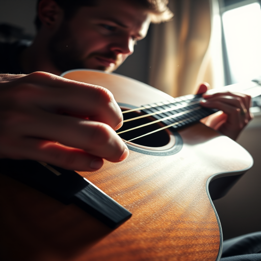 High-contrast, close-up photo of a guitar player's hands, fingers pressing the strings on a well-worn acoustic guitar, sunlight filtering through the window, dust motes visible in the air, wood grain of the guitar body textured and scratched, soft focus on the player's face in the background, concentration visible in their eyes.