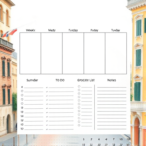 Create a weekly planner layout with sections for each day of the week, a "To Do" list, a "Grocery List," and space for notes, featuring subtle watercolor backgrounds of historical architecture, shot with a DSLR camera at f/4, ISO 100, 50mm focal length, natural light, and a top-down view for a clean, organized appearance.