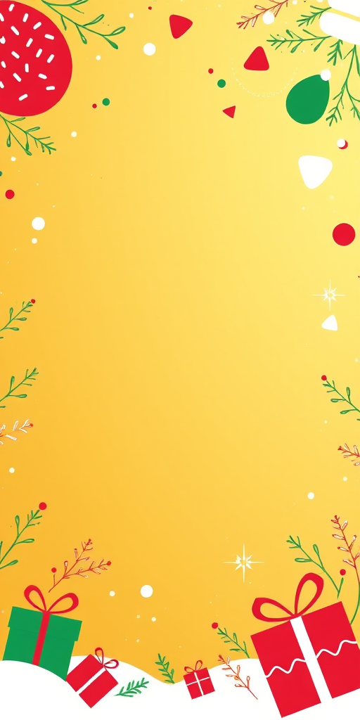 Create a festive background with a warm gold color featuring playful abstract shapes and patterns in red, green, and white. Include decorative elements like wrapped gifts and whimsical designs around the edges to enhance the holiday theme while keeping the center clear for text or images.