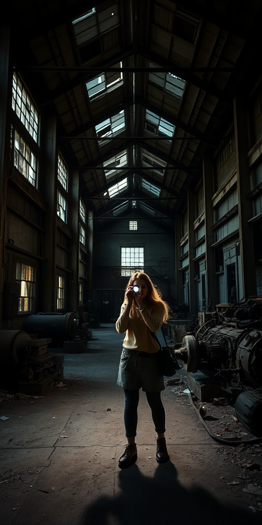 Abandoned factory, with broken windows and rusted machinery, a woman explores cautiously, her flashlight illuminating the eerie, forgotten space as she takes photos of the decaying interior.