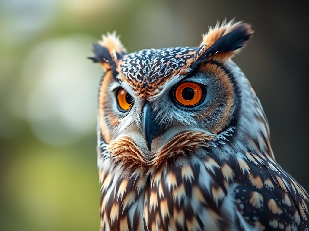 Regenerate an image of a majestic owl with vivid orange eyes, sharp feathers, and a slightly tilted head, captured with a DSLR camera at f/2.8 aperture, 1/200 shutter speed, ISO 200, in natural light, using a shallow depth of field for a blurred background, taken from a close-up perspective.