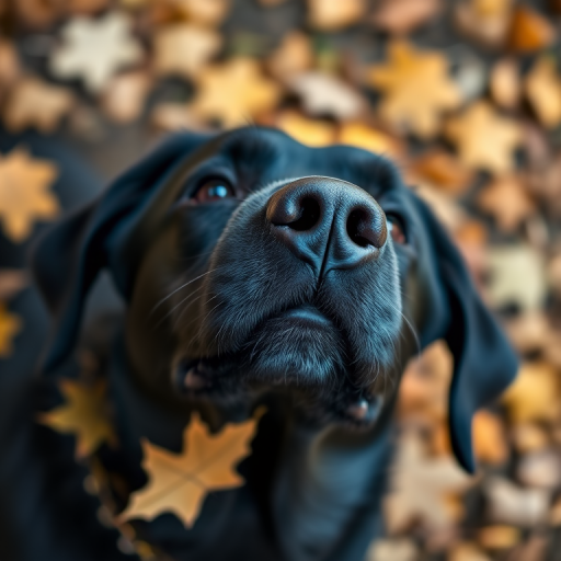 A close-up shot of a black dog looking up, surrounded by autumn leaves, taken with a DSLR camera, aperture f/2.8, shutter speed 1/200 sec, ISO 200, natural lighting, shallow depth of field.