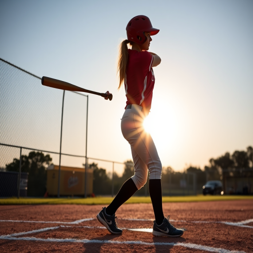 Create a high-resolution silhouette image of a female baseball player swinging a bat, captured from a low angle, with a shallow depth of field and 50mm lens aperture at f/2.8, using a DSLR camera setup.