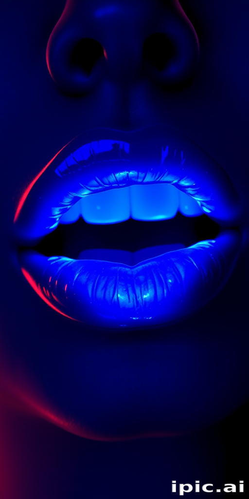 Vibrant neon lips glowing in electric blue with a glossy finish, emitting an otherworldly radiance that captivates and mesmerizes