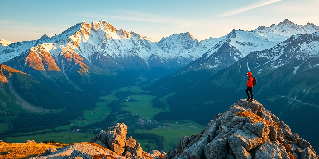 Capture an awe-inspiring landscape of a snow-capped mountain range with a lone hiker in an orange jacket standing on a rocky peak overlooking a lush green valley and quaint village below, taken with a Canon EOS R6 using a 24-70mm f/2.8 lens at f/8, ISO 100, and a shutter speed of 1/125 sec in natural light during golden hour for enhanced colors and contrast.