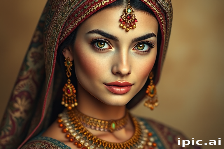 Create a portrait of a beautiful woman with striking hazel eyes and a gentle expression. She is adorned in traditional attire with intricate patterns, including a richly embroidered headscarf and matching garments. Her jewelry includes a delicate headpiece, dangling earrings, and ornate bracelets, all featuring vibrant gemstones and detailed metalwork. The background is soft and warm, enhancing the rich colors of her outfit and jewelry.