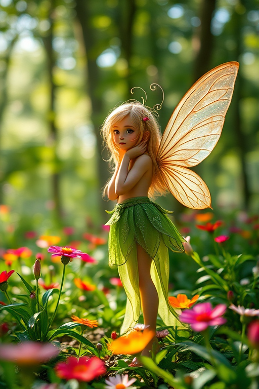 A mystical fairy standing in a lush forest, adorned with delicate green attire and translucent wings, surrounded by vibrant flowers, soft sunlight filtering through the trees, depth of field effect, f/1.8 aperture, 85mm lens, ISO 100, shot in natural light to enhance colors and details, DSLR camera.