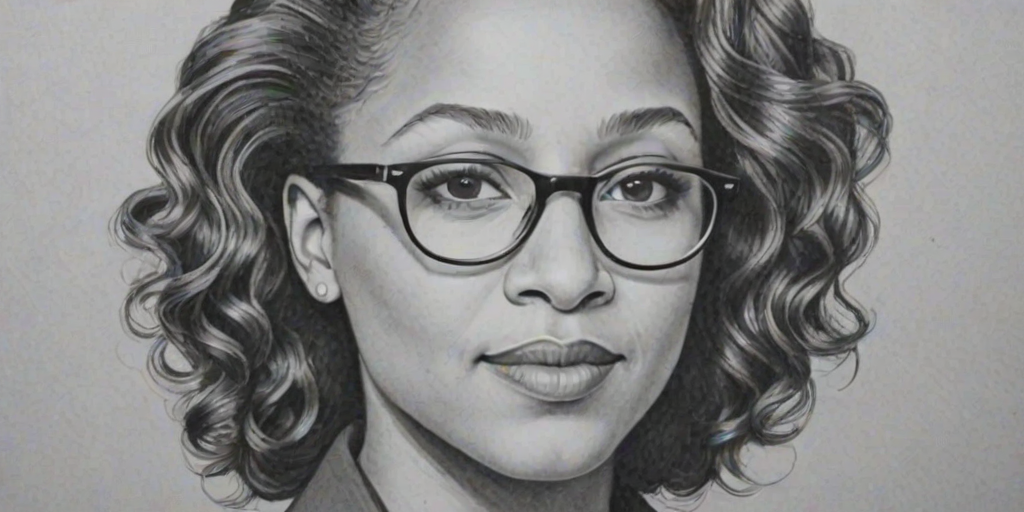 Resplendent Tracie Thoms, pencil sketch, portrait of Sublime woman 1939s in glasses, hair style beatnik, outline, clear lines, fine lines, 8k