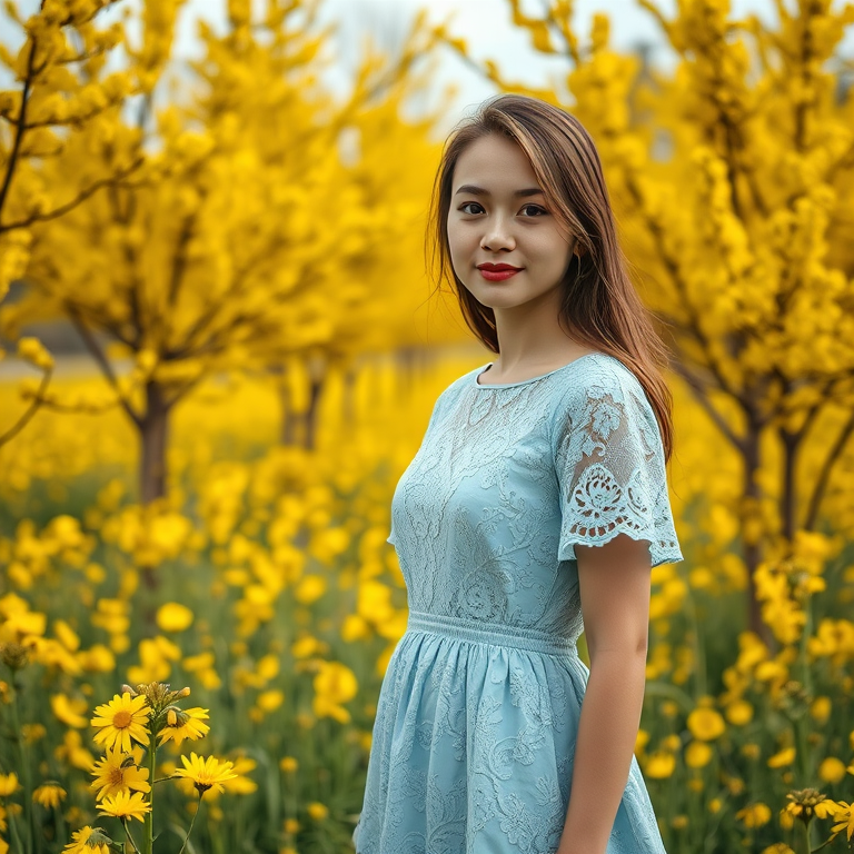A young woman in a light blue lace dress stands in a field of yellow flowers, surrounded by blooming yellow trees, taken with a Canon EOS R5, 50mm lens, aperture f/2.8, ISO 100, soft focus, natural light, portrait orientation.