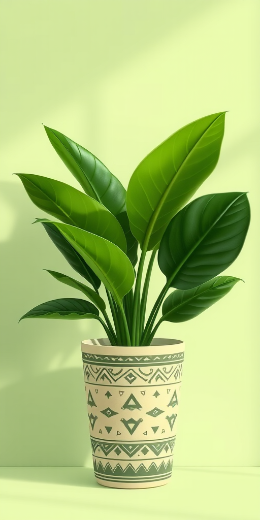 Create a digital illustration of a potted plant with large green leaves in a simple vase with tribal patterns, set against a soft pastel green background; use a Canon EOS R5 with a 50mm lens, aperture f/1.8, ISO 100, and soft natural lighting to enhance image quality.