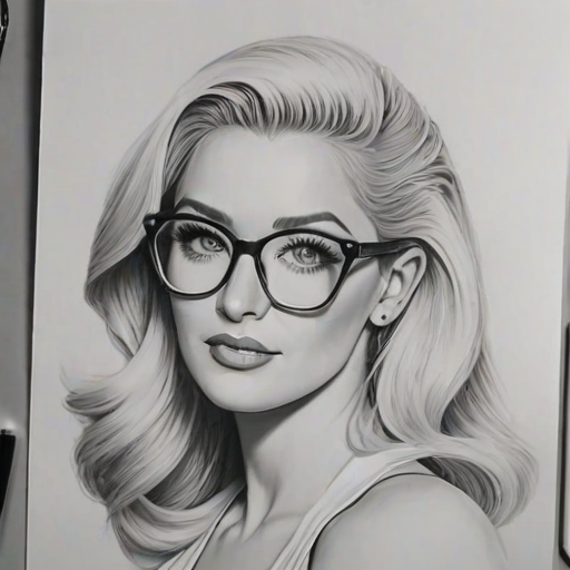Resplendent Erika Jayne, pencil sketch, portrait of Beauteous woman 1957s in glasses, hair style beatnik, outline, clear lines, fine lines, 8k