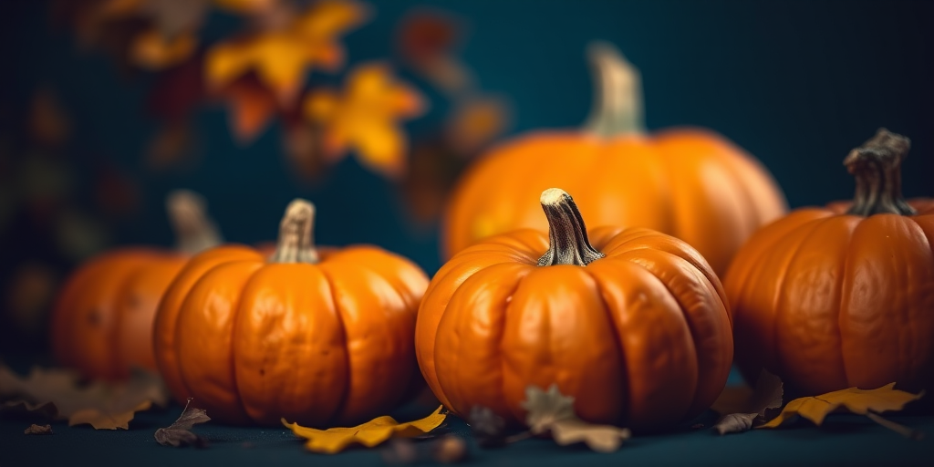 pumpkins in a dark blue background with autumn leaves, bokeh effect, shallow depth of field, f/2.8 aperture, ISO 100, 50mm lens, DSLR camera, soft focus style, vibrant colors, moody lighting