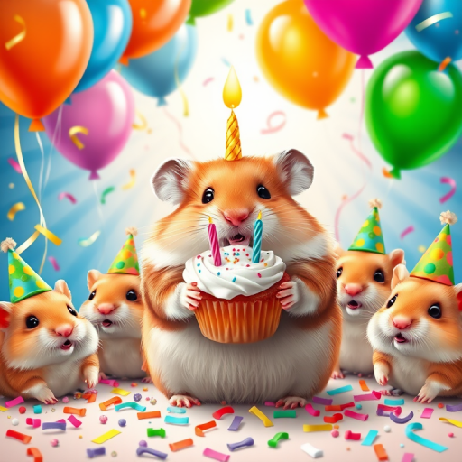 A cute hamster holding a cupcake with candles surrounded by colorful balloons and confetti with other hamsters in party hats in a festive background of bright colors and rays of light.