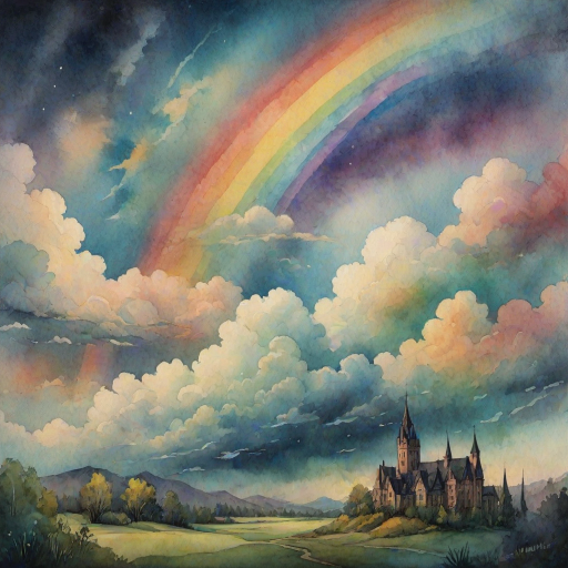 A whimsical and surreal sky with a vibrant rainbow, featuring dramatic lighting effects and a textured watercolor background, with a touch of gothic aesthetic.