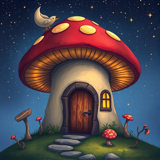 generate illustration of a mushroom house with a door and a window, a storybook , fantasy art, mushroom house, bg starry sky, sparkles