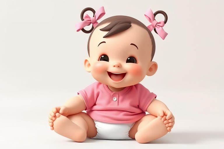 Create a cute cartoon baby sitting down with a large smile, wearing a pink shirt and white diaper, with spiral hair and pink bows, using a high-resolution digital camera, 50mm lens, f/2.8 aperture, soft lighting, and a frontal view.