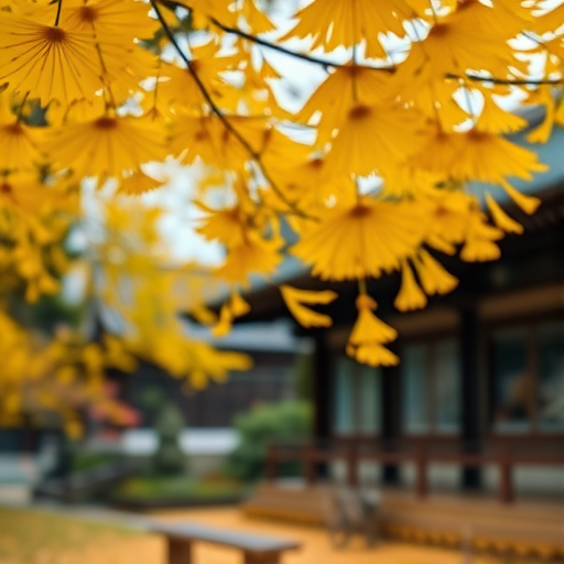 autumn landscape featuring vibrant yellow ginkgo leaves falling from trees, traditional Japanese architecture in the background, taken with a Canon EOS R5, 50mm lens, aperture f/1.8, ISO 100, shot from a low angle to emphasize the leaf canopy and create a dreamy depth of field