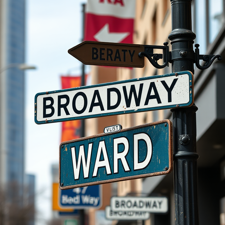 A street view of Broadway and Ward Street signs with an emphasis on the details and textures, taken with a DSLR camera at f/2.8 aperture, 1/500 sec shutter speed, ISO 100, and positioned at eye level for a sharp focus on the signs with a blurred background.