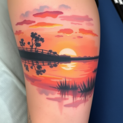 Painterly tattoo named "Impressionist Dawn" recreating a sunrise landscape in the style of Monet, with soft, blended colors and visible brushstrokes to capture the essence of light and atmosphere